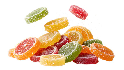 Falling fruit marmalade sweets isolated on a white background PNG. AI GENERATED.