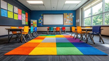 Bright, colorful classroom with modern furniture and colorful rug