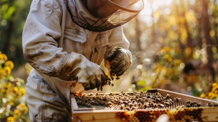 Beekeeper in Suit Collecting Honey