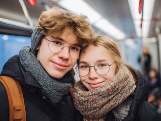 Happy Young Friends Smiling Together While Traveling on a City Subway