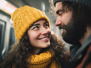 Cute couple smiling in metro