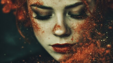 Artistic surreal portrait of woman with red texture overlays and mysterious mood