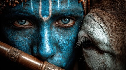 Close-Up of Blue-Faced krishna and cow Animal with Spiritual Symbolism