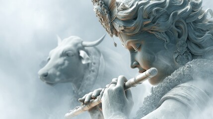 Lord Krishna Spiritual Artwork Depicting Serenity and Music with Divine and Mystical Themes