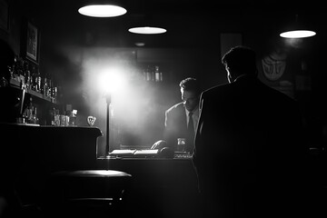 noir detective tailing a suspect in dimly lit jazz bar