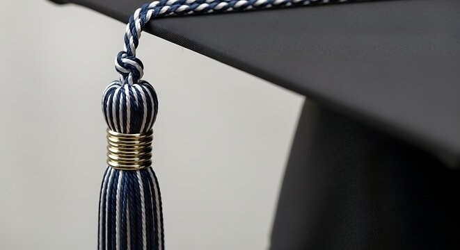 Graduation Cap Detail: Close-up view of a graduation cap tassel, showcasing the intricate details of the braided cord and metallic ring.