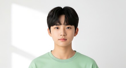 Serene Portrait: A close-up shot of a young man, radiating a sense of calm and approachability against a plain background. This portrait showcases his natural beauty.