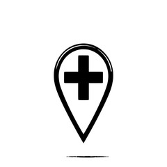 Obraz premium Medical Location Marker: A bold, monochrome illustration shows a simple location pin with a prominent plus symbol, symbolizing healthcare services.
