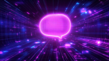 Glowing speech bubble in digital tunnel; communication, network, technology concept; website, social media