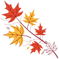 Fototapeta premium Illustration of a branch with maple leaves in various autumn colors and a simple outlined leaf design