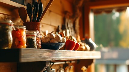 Preserved food, garlic and vegetables resting on wooden shelf in rustic kitchen