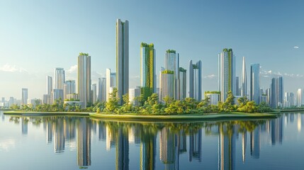 Fototapeta premium Eco-friendly city island, skyscrapers, reflected in water, sustainable urban design, futuristic cityscape, possible use for sustainable urban planning, architectural visualization