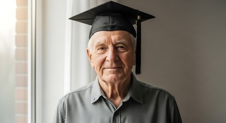 A Seasoned Scholar: Portrait of an elderly individual, proudly wearing a graduation cap, symbolizes lifelong learning and intellectual pursuit. Embracing wisdom and experience