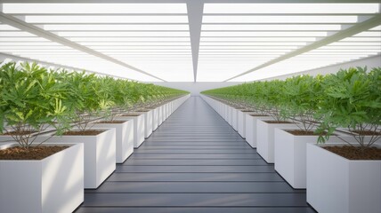 Fototapeta premium A modern indoor greenhouse with symmetrical rows of healthy green plants in white square pots under a bright, structured ceiling.