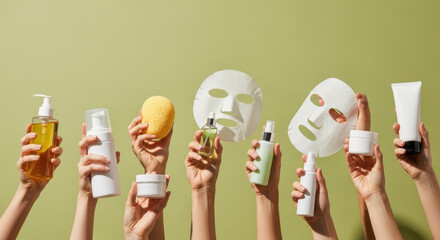 A collection of various skincare products and facial masks are held up by multiple hands against a light green background