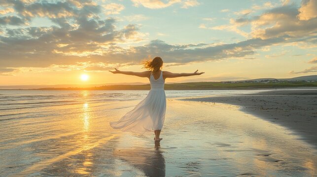 Woman embracing sunset on beach