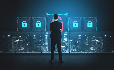 Digital security concept illustrating a cybersecurity breach, with a red unlocked padlock...