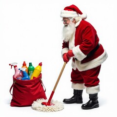 Santa Claus mopping the floor, there is a red bag of detergents nearby