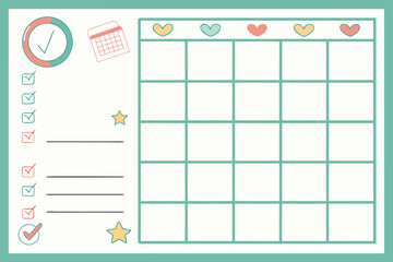 A pastel colored planner with a calendar grid, checklist, hearts, stars and a teal border design