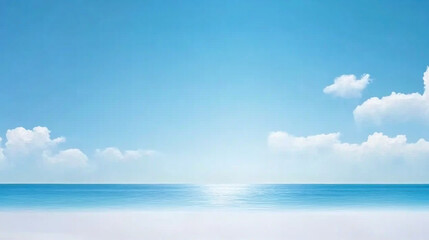 Obraz premium Serene ocean horizon with soft sunlight reflecting on calm blue water, surrounded by clear sky with scattered white clouds, evoking peace and tranquility