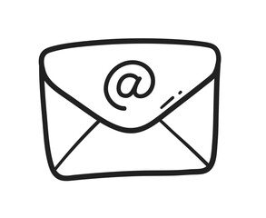 Vector illustration of an envelope with email sign. Doodle line art for web or office use.