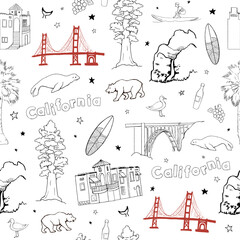 Seamless pattern with Hand-drawn California themed illustration with iconic landmarks, wildlife, nature, and lifestyle elements like the Golden Gate, surfer, bear, and redwood