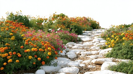 A vibrant pathway lined with colorful flowers, creating a picturesque and inviting atmosphere in a serene garden setting.