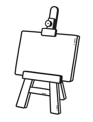 Vector illustration of a wooden easel with blank canvas. Hand drawn line art doodle.