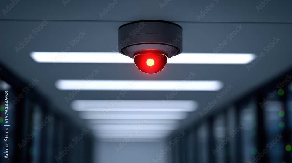 Poster red warning light on security camera in modern data center with blurred server racks in background