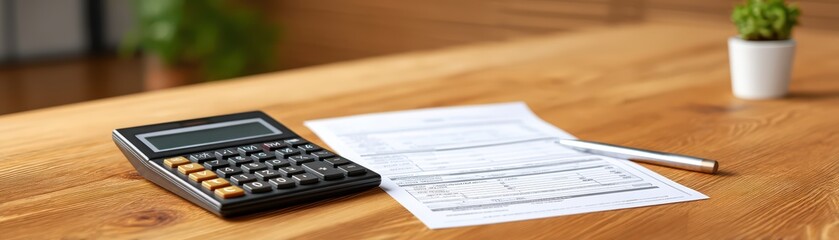 Calculator and Financial Documents on Wooden Desk for Business and Accounting Purposes