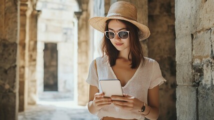 Traveler Woman Using Smartphone in Ancient City