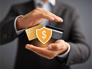 Secure Online Payment:  Protecting your financial transactions with secure online payment methods.  Digital shield safeguards credit cards.Generative ai illustration.