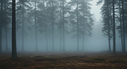 Enigmatic Fog-Shrouded Pine Forest: Moody Atmosphere, Deep Depth, Serene Mystery