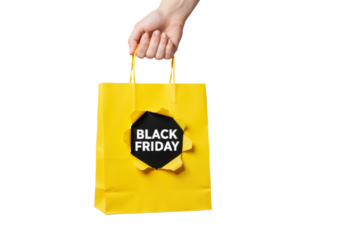 Hand Holding Yellow Shopping Bag with Torn Cutout Revealing Bold Black Friday Text on White Background