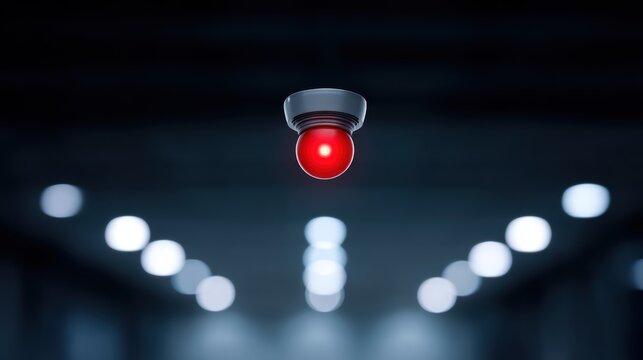 Red Alert Light Hanging in Modern Indoor Space with Blurred Background and Soft Light Effects for Technology and Safety Themes