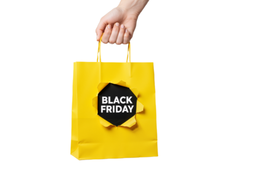 Hand Holding Yellow Shopping Bag with Torn Cutout Revealing Bold Black Friday Text on White Background