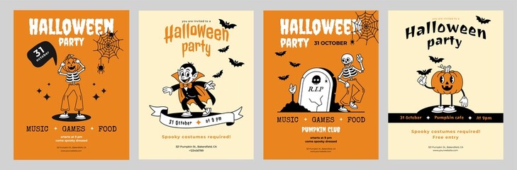 A set of retro  halloween party invitations. A cute dracula, a grave with a hand, a dancing skeleton and a pumpkin. Spooky vector illustrations. 