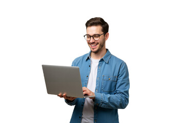 Smiling Young Man Using Laptop on White Background, Representing Modern Work and Digital Communication