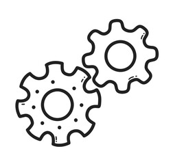 Vector illustration of gear wheels. Hand drawn line art object for technology or mechanics themes.