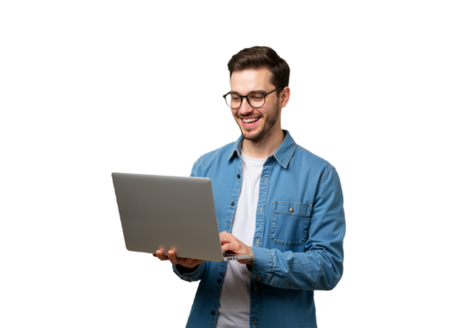 Smiling Young Man Using Laptop on White Background, Representing Modern Work and Digital Communication








