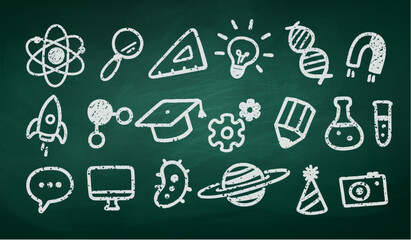 Vector illustration of school and science doodle icons drawn with chalk on greenboard background.