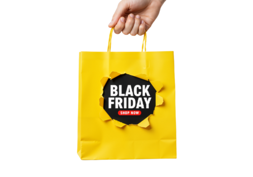 Hand Holding Yellow Shopping Bag with Torn Cutout Revealing Bold Black Friday Text on White Background