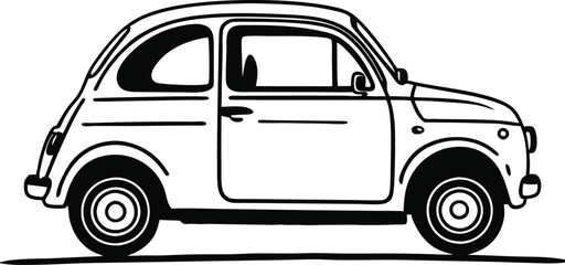 Whimsical Black and White Illustration of a Classic Compact Car Simple Automotive Design with a Touch of Retro Charm