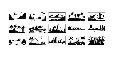 Naklejka premium Silhouette Bundle 12 Nature and Landscape Variations Trees Mountains and More on transparent background This silhouette bundle features variations nature landscape elements including trees mountains