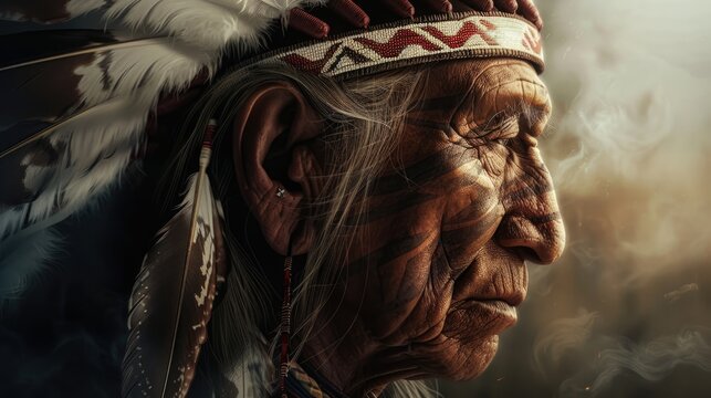 Elderly native american man with traditional beaded headband and weathered face showing wisdom and age