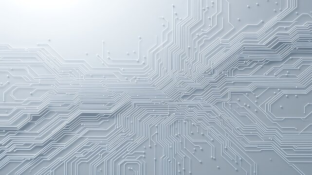 Intricate network of glowing white circuit board traces and nodes on a subtle gradient background representing technology