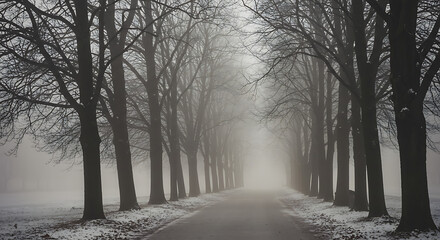 Obraz premium Foggy Road Winter Trees Landscape