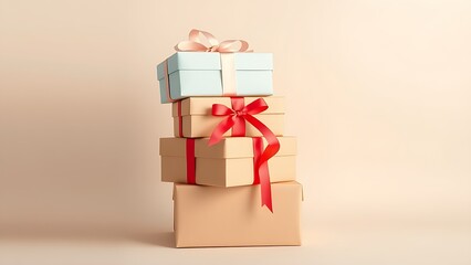 Neatly stacked gift boxes with ribbons sit against a pastel background, arranged for an e-commerce concept.