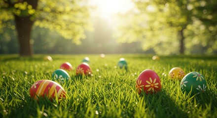Colorful Easter Eggs on a Grassy Field at Golden Hour