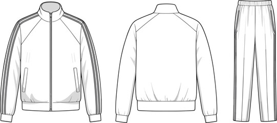 White Tracksuit Set with Zipper Jacket, Striped Sleeves, and Jogger Pants CAD Drawing Flat Vector Illustration for Sportswear Apparel Design Templates